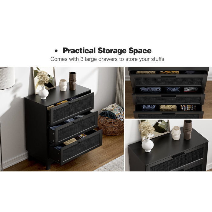 Ebern Designs Paison 35" H Black Rattan Dresser, Farmhouse 3 Drawer